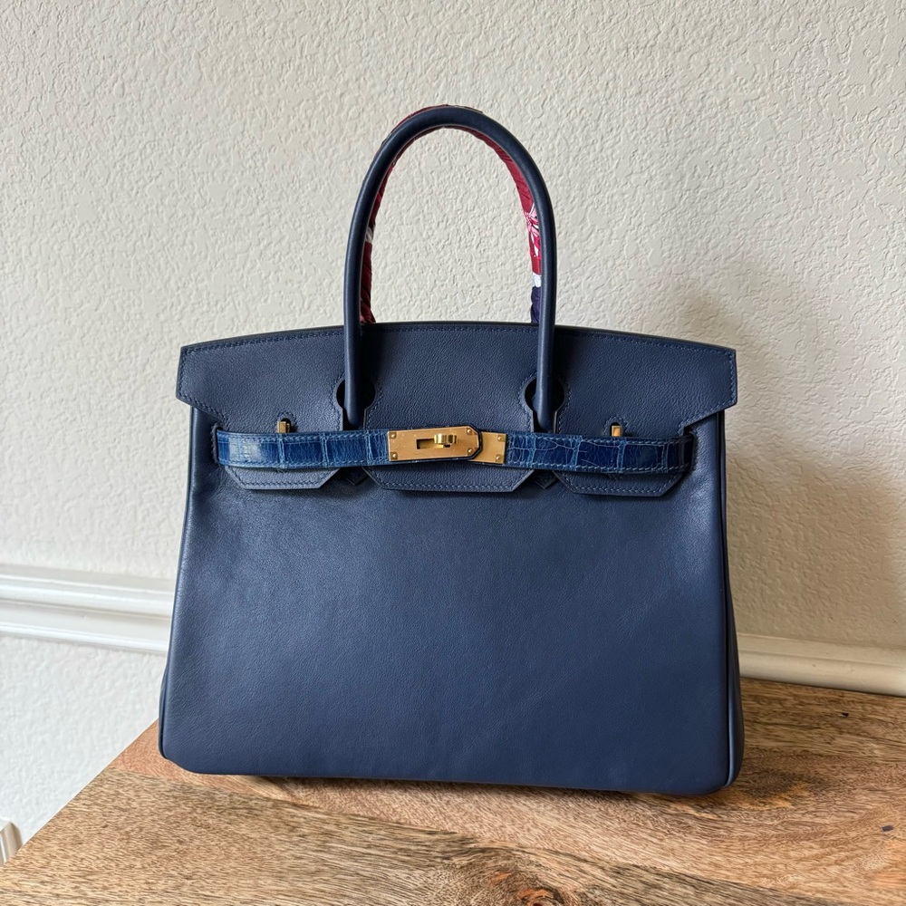 LEATHER INSIDE & OUT | Navy Blue 30 Smooth Leather Satchel Bag w/ Croc Gold HW